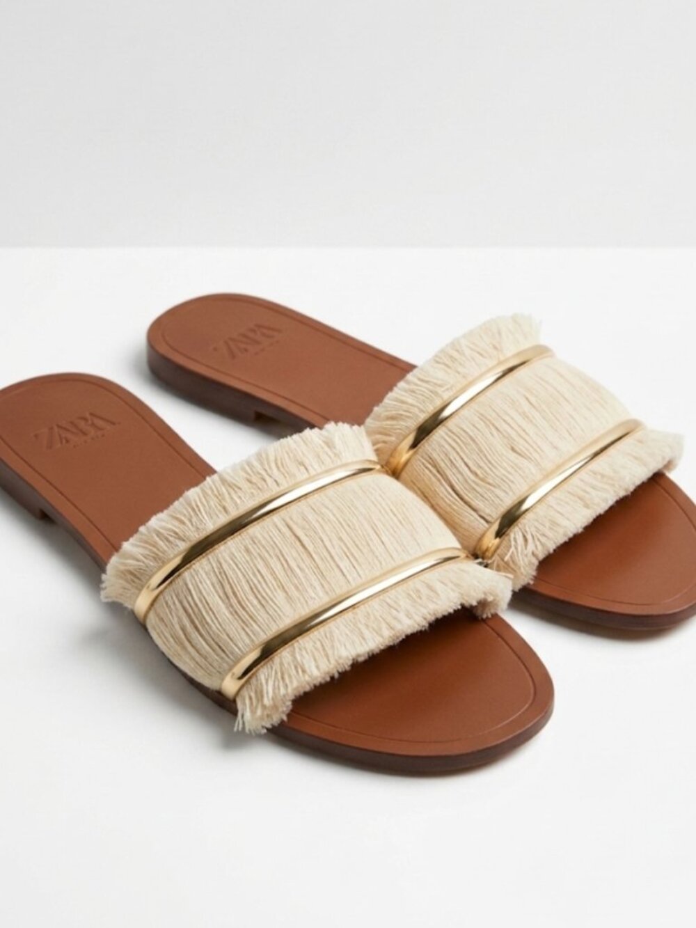 ZARA Fringe Slide Sandals Gold Metallic Accent Neutral Flat Sandals Slip On SZ 8